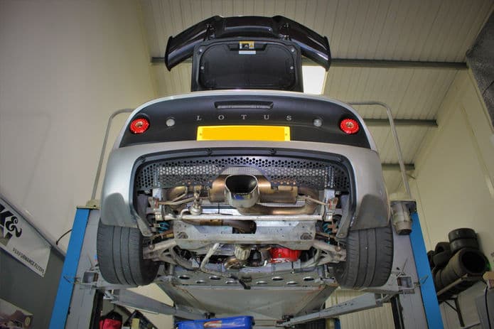 Exige with rear diffuser removed in Performance Autocare Workshop