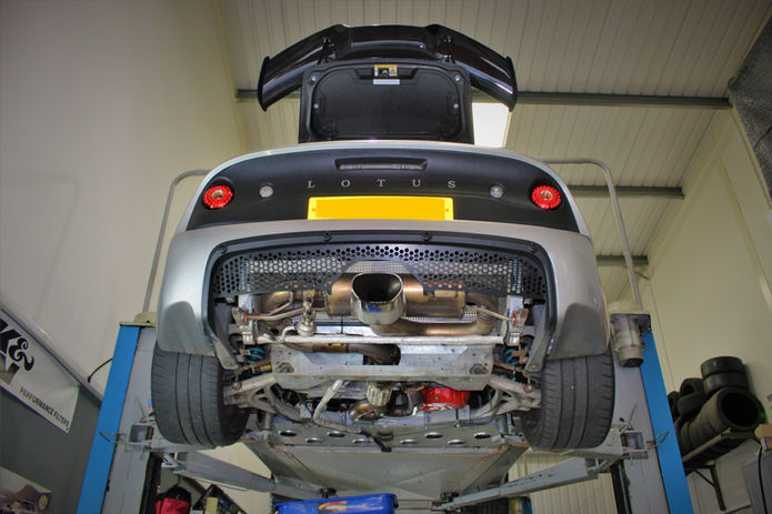 Exige with rear diffuser removed in Performance Autocare Workshop
